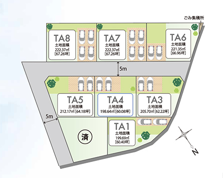 宅地図／プレミオガー一デン安良川II マップ/TA1 土地面積 199.69㎡(60.40坪) ／ TA3 土地面積 205.70㎡(62.22坪) ／ TA4 土地面積 198.64㎡(60.08坪) ／ TA5区画 212.17㎡(64.18坪) ／ TA6 土地面積 221.35㎡(66.96坪) ／ TA7 土地面積 222.37㎡(67.26坪) ／ TA8 土地面積 222.37㎡(67.26坪)